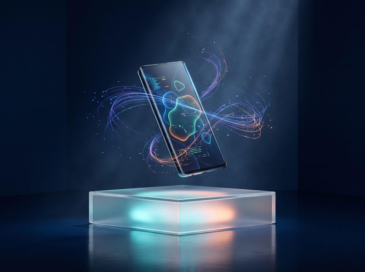 Móvil flotando sobre un pedestal de cristal iluminado