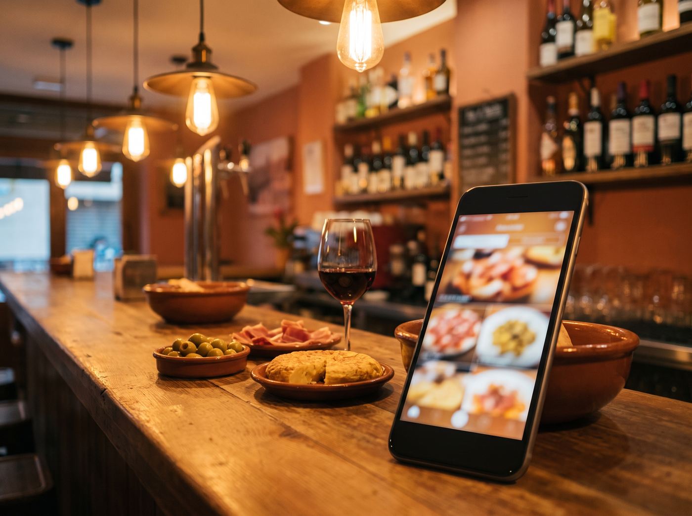 Barra de un bar de tapas con la carta digital en un móvil