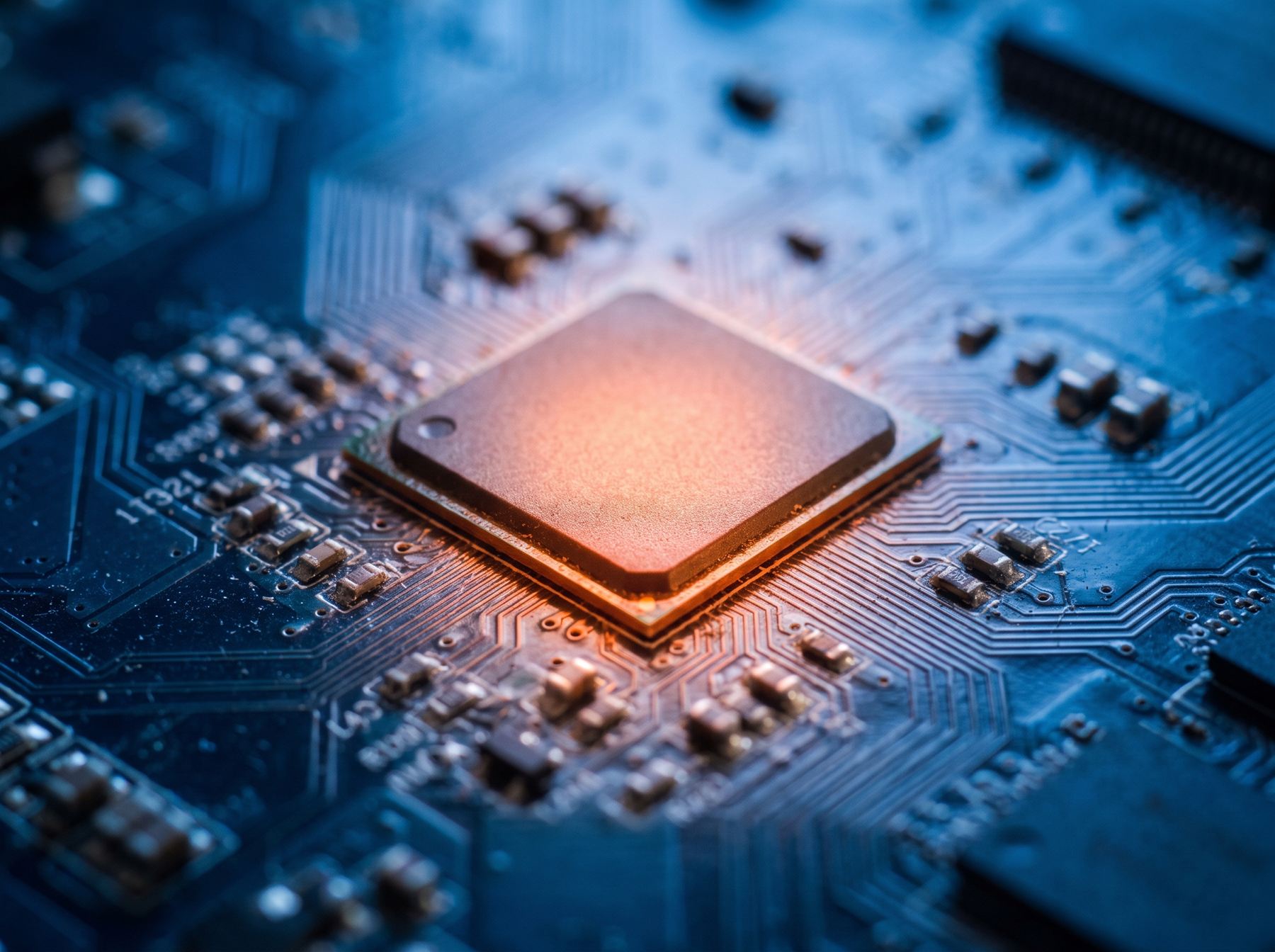 Chip de ordenador brillando en naranja sobre una placa azul