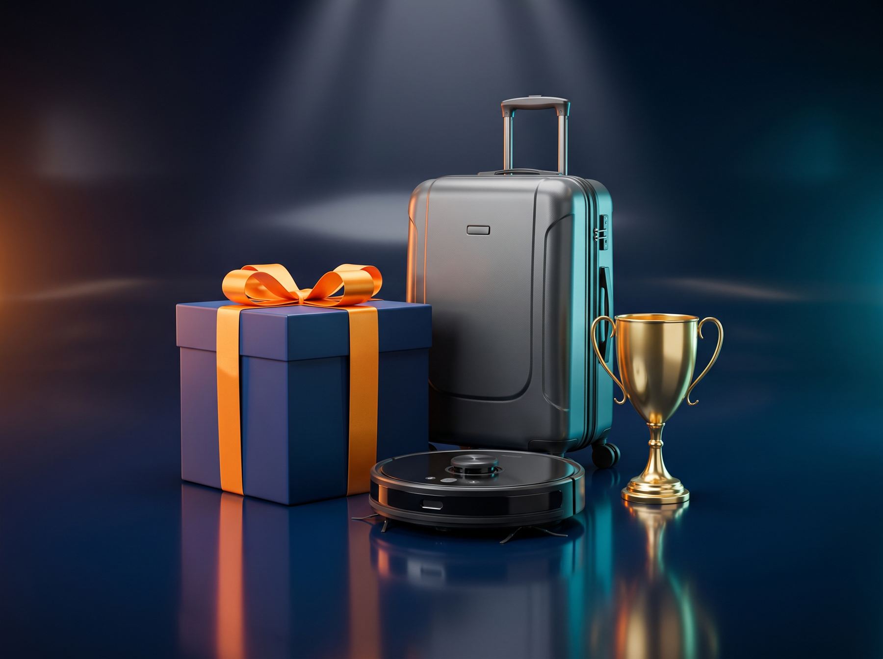 Maleta, caja regalo, robot aspirador y trofeo bajo focos